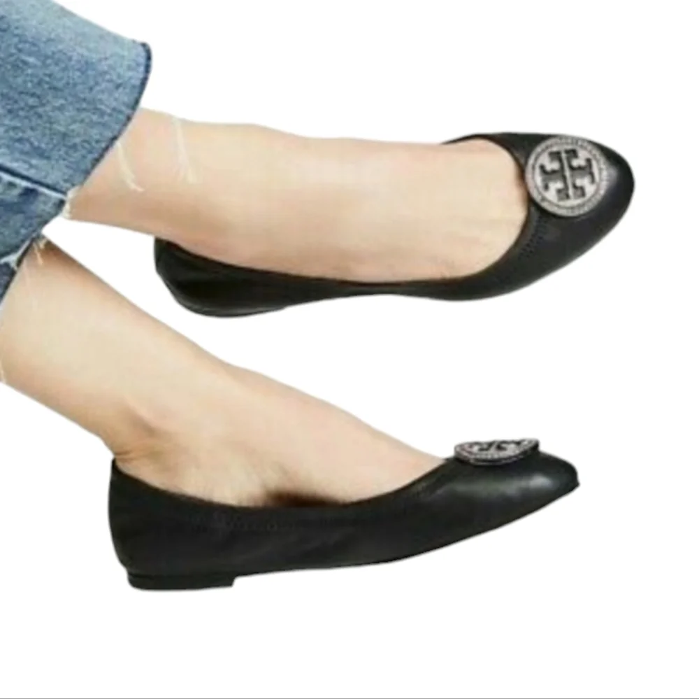 TORY BURCH Minnie Embellished Logo Travel Ballet Flat, size 7M